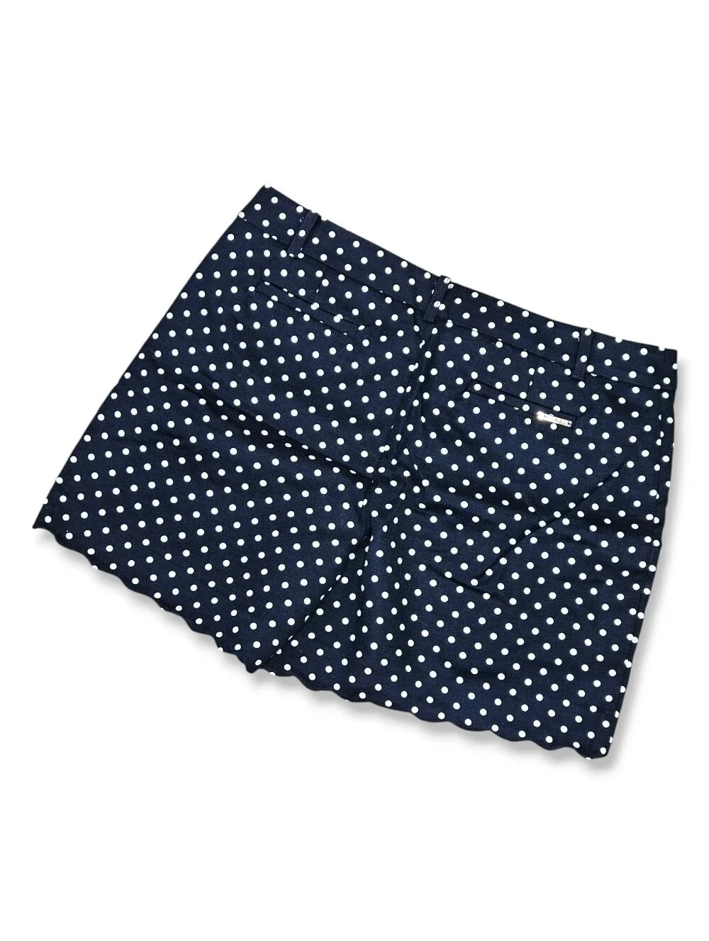 Anne Klein Size 10 Shorts Navy Blue Polka Dot Scalloped Hem Gold Logo Preppy